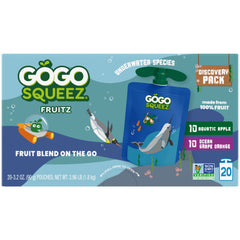 GoGo squeeZ Emperor Penguin pouch; child friendly packaging keeps snacks mess-free.