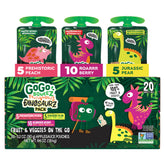 GoGo squeeZ Jurassic Peach pouch for on-the-go, mess-free snacking.
