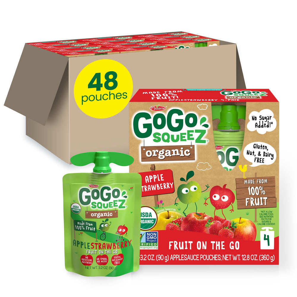 GoGo squeeZ Organic Apple Strawberry 48-pack front view for family-friendly snacking.