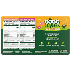GoGo squeeZ Pedal Peach pouch featuring apples, peaches and sweet potatoes for lunchbox fun