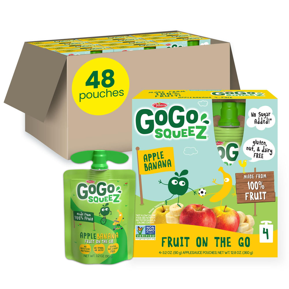 GoGo squeeZ Apple Banana pouch — 100% fruit, portable on-the-go snack.