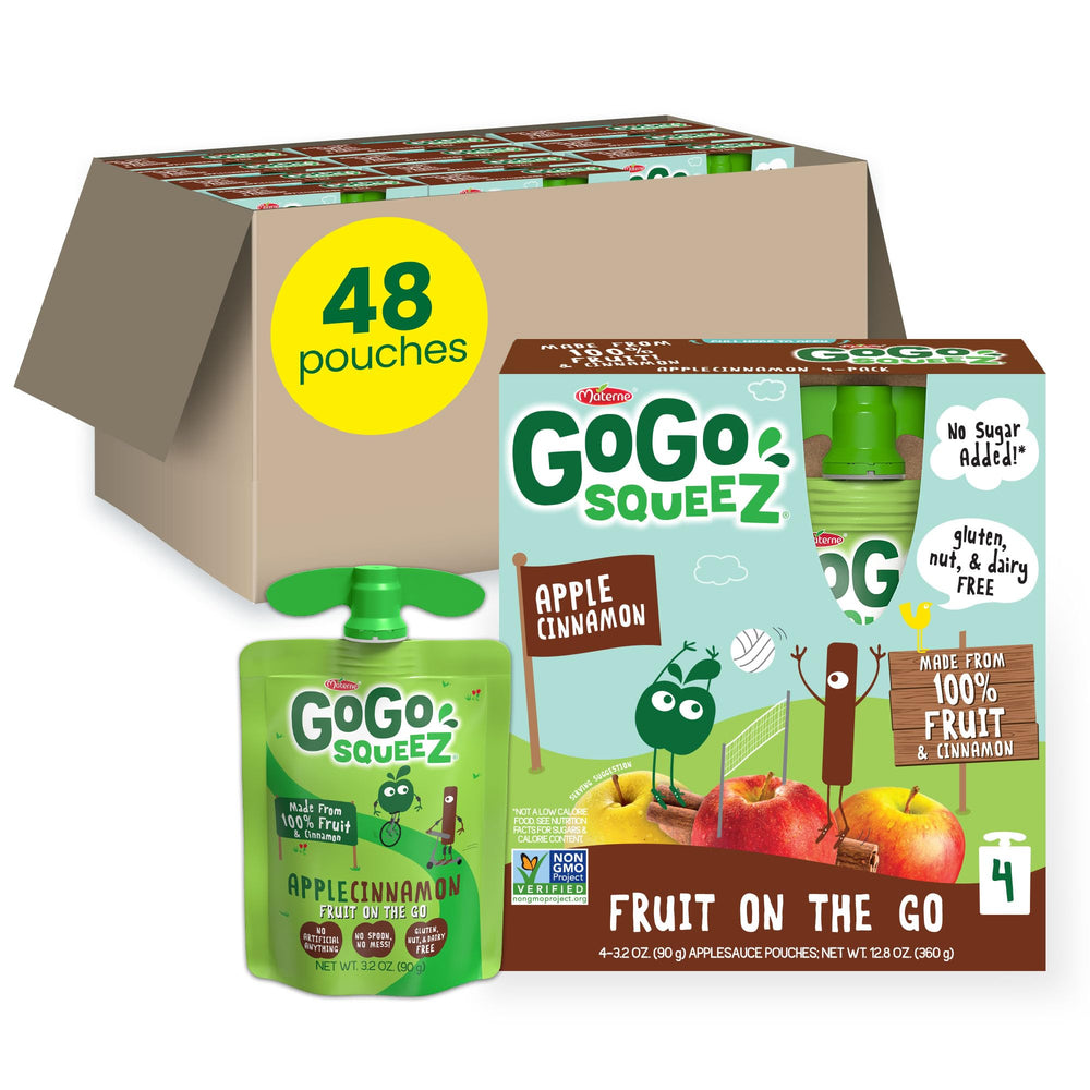 GoGo squeeZ Apple Cinnamon pouch front view for mess-free on-the-go snacking.