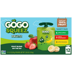GoGo squeeZ 12-pack pantry-friendly, ready-to-serve snacks for grab-and-go moments.