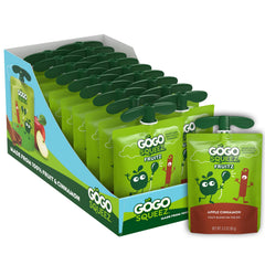 GoGo SqueeZ Apple Cinnamon pouch front view, kid-friendly on-the-go snack.