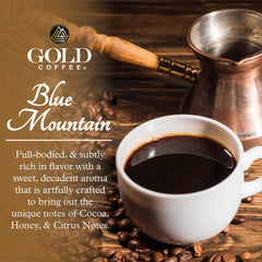 Gold Coffee Blue Mountain Premium Blend cup steaming, inviting aroma