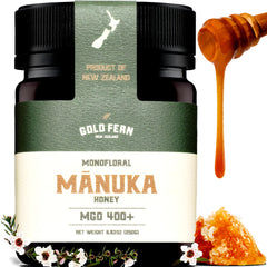 Gold Fern Honey MGO 400 bottle pour shows creamy Manuka texture for drizzle