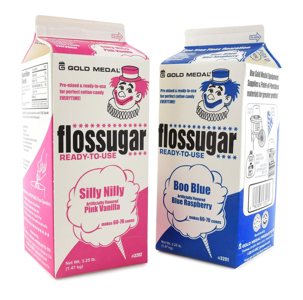 Gold Medal flossugar blue raspberry ready-to-use packaging, bold flavor and color.
