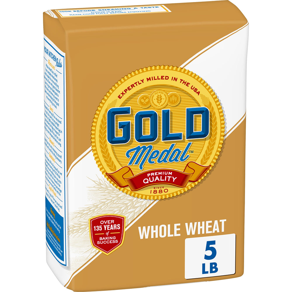 Gold Medal Whole Wheat Flour bag front, ideal for pantry baking