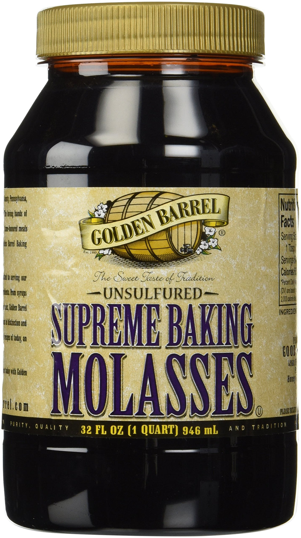 Golden Barrel Unsulphured Supreme Baking Molasses bottle shows deep color for rich cookies and cakes.