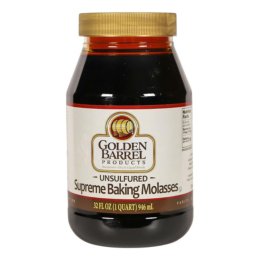 Golden Barrel Unsulphured Supreme Baking Molasses bottle reveals deep brown color for cookies and moisture.