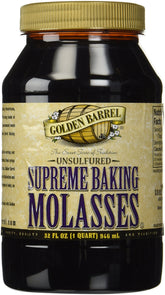 Golden Barrel Unsulphured Supreme Baking Molasses bottle shows deep color for rich cookies and cakes.