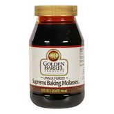 Golden Barrel Unsulphured Supreme Baking Molasses bottle reveals deep brown color for cookies and moisture.