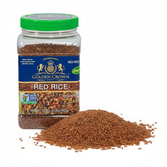 Golden Crown Red Rice Organic: uncooked grains ideal for gluten-free meals rich in fiber.
