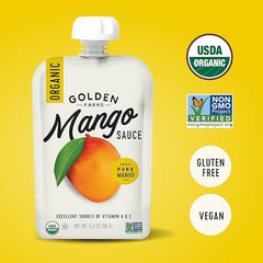 Golden Farms Mango Pouches close-up of 100% fruit content