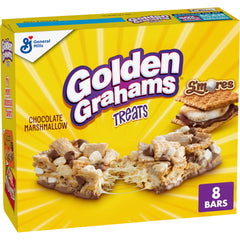 Golden Grahams Smores bars packaging on kitchen counter; convenient on-the-go snack.