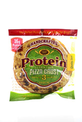 Golden Home Ultra Thin 16g Protein Pizza Crust closeup shows a crisp, protein-packed base for personal pizzas.