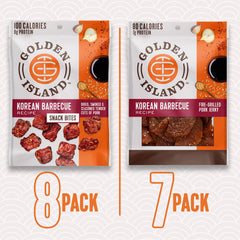 Golden Island variety pack front view shows eight bites and seven jerky bags for easy protein