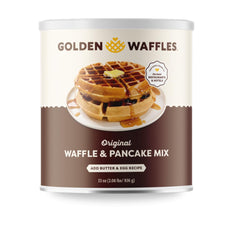 Golden Malted ready-to-use mix for waffles and pancakes, simple steps with egg, milk, or buttermilk.