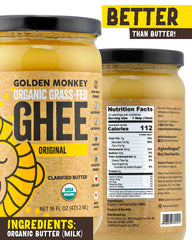 Golden Monkey Grass-Fed Ghee Butter jar, smooth pour for sautéing and high-heat searing.