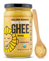 Golden Monkey Organic Ghee Butter jar, premium lactose-free fat for keto cooking.