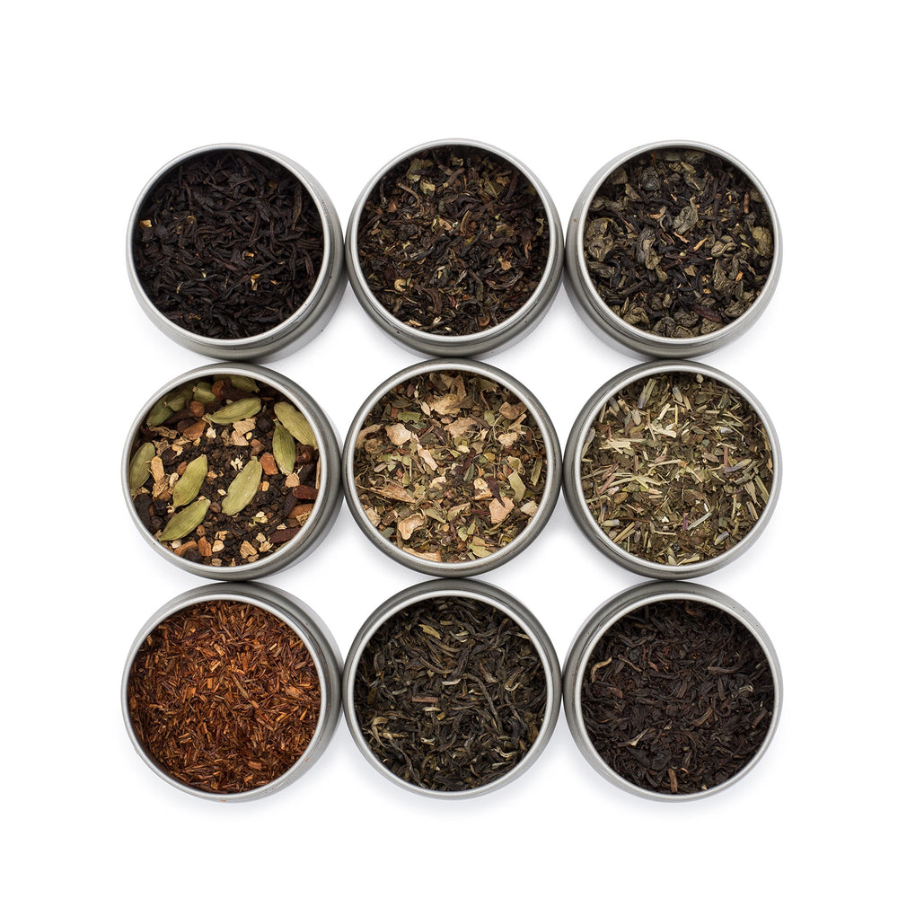 Golden Moon Tea variety pack tins shown for gifting and tasting experiences