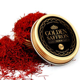 Golden Saffron Grade A+ Super Negin threads in a tin pack, rich color ahead.