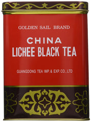 Golden Sail Brand China Lichee Black Tea loose leaf in a tin, perfect for cozy mornings.