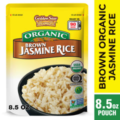 Golden Star Organic Thai Hom Mali Brown Rice grains close-up showing long grains.