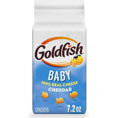 Goldfish Baby Cheddar crackers pack shot 7oz bag for sharing moments.