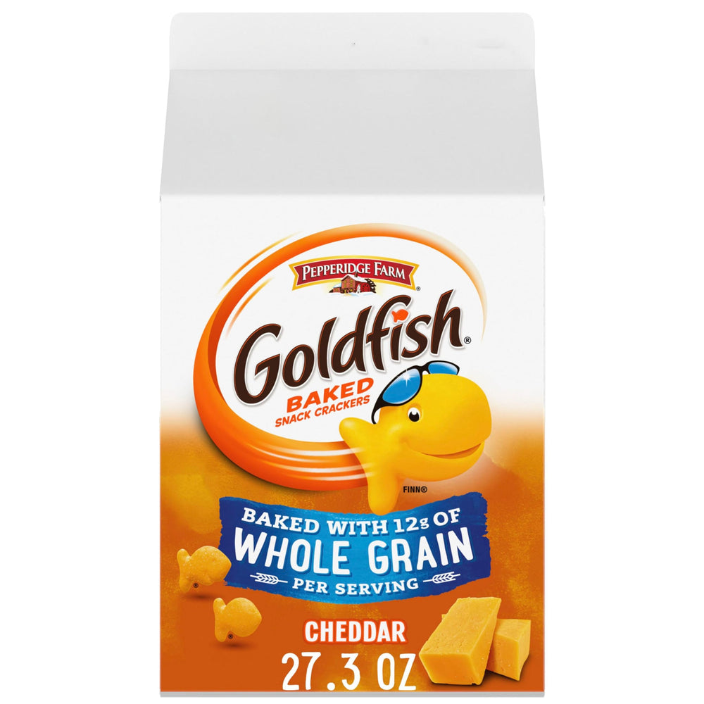 Goldfish Cheddar Crackers carton packshot showing a large 27.3 oz carton for family stocking