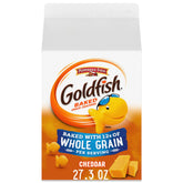 Goldfish Cheddar Crackers carton packshot showing a large 27.3 oz carton for family stocking