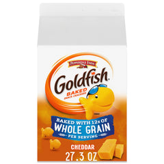 Goldfish Cheddar Crackers carton packshot showing a large 27.3 oz carton for family stocking