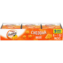 Goldfish Cheddar Crackers smile face: kid-friendly, cheddary snack for lunchboxes.