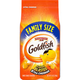 Goldfish Flavor Blasted Xtra Cheddar crackers in bag showing bold cheddar flavor
