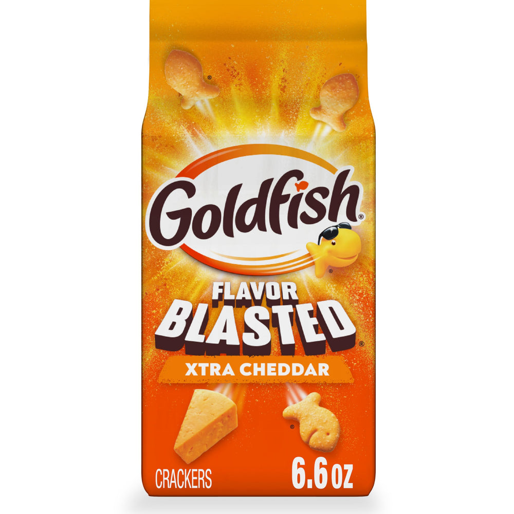 Goldfish Flavor Blasted Xtra Cheddar crackers in bag, bold cheddar flavor for snacking
