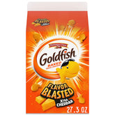 Goldfish Flavor Blasted Xtra Cheddar Crackers bites on a plate showing bold cheddar flavor.