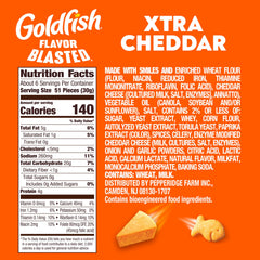Goldfish Flavor Blasted Xtra Cheddar crackers closeup, crunchy bite for lunchboxes