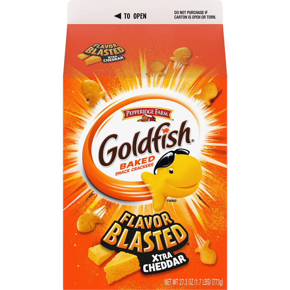 Goldfish front carton showing brand and bold cheddar flavor for easy recognition