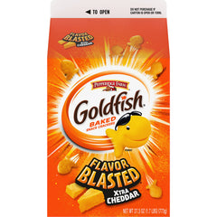 Goldfish front carton showing brand and bold cheddar flavor for easy recognition