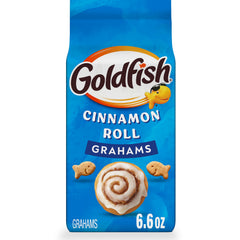 Goldfish Grahams Cinnamon Roll crackers pack on table, ideal for quick, kid-friendly snacking.