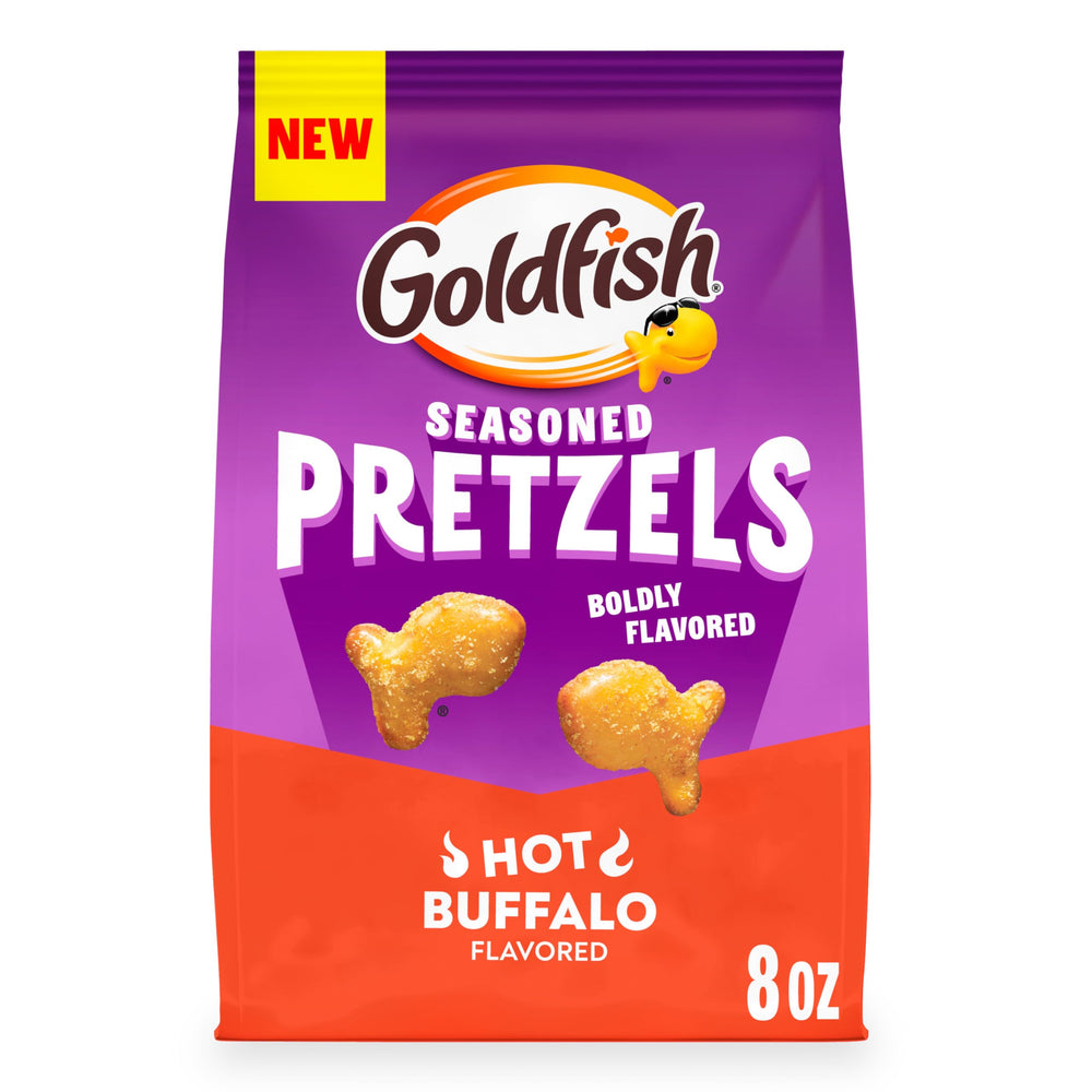 Goldfish Hot Buffalo Pretzels bag shows bold flavor and crunchy texture for game night snacking