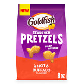 Goldfish Hot Buffalo Pretzels bag shows bold flavor and crunchy texture for game night snacking