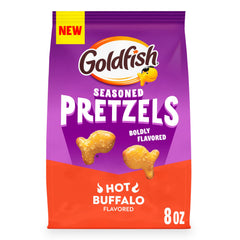 Goldfish Hot Buffalo Pretzels bag shows bold flavor and crunchy texture for game night snacking