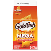 Goldfish Mega Bites sharp cheddar crackers carton front for family snacking