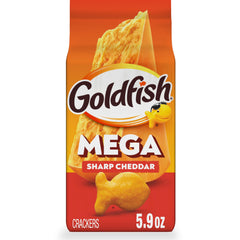 Goldfish Mega Bites Sharp Cheddar crackers close-up of crispy texture and bold cheese flavor.