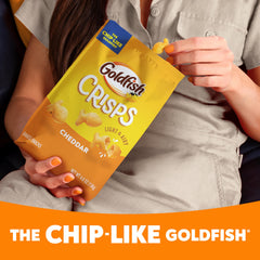 Goldfish packaging close-up, cheddar flavor highlighted with no artificial colors.