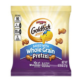 Goldfish pretzel front packaging showing single-serve bag and easy distribution benefit