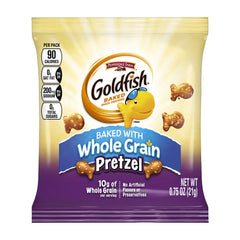 Goldfish pretzel front packaging showing single-serve bag and easy distribution benefit
