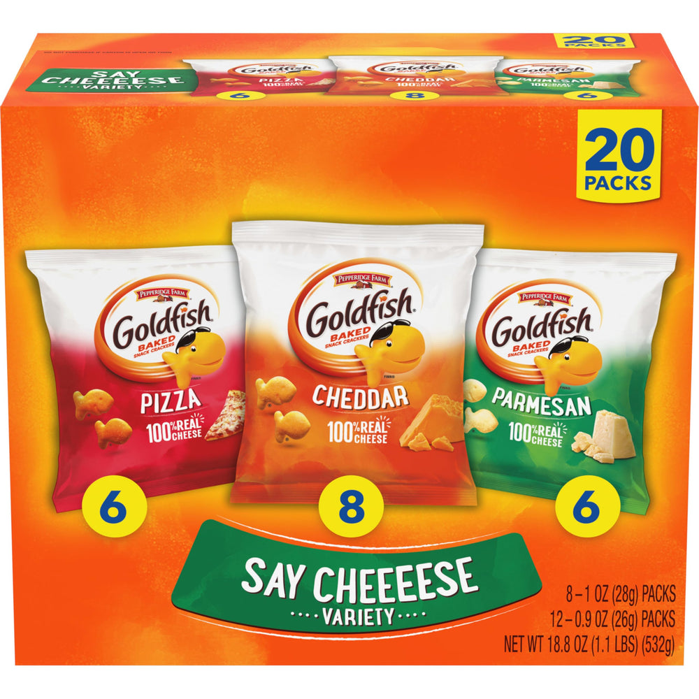 Goldfish Say Cheeeese variety-pack packaging for easy family snacking