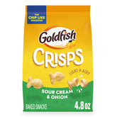 Goldfish Sour Cream and Onion baked crackers in a bag, ideal for on-the-go snacking.